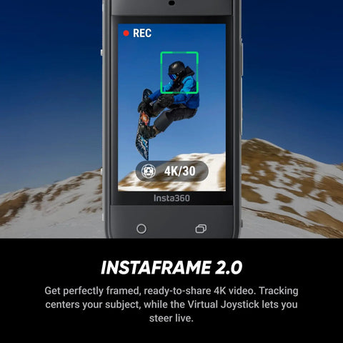 Snowboarder framed by 8K 360 Degree Action Camera Bundle For Ride Ready Motorcycle Rides Waterproof with features shown.