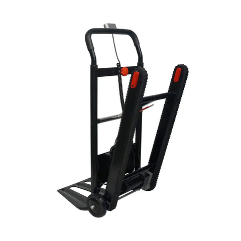Voltstair Go Portable Electric Stair Climbing Dolly With Removable Battery Black And Red Heavy Duty Motorized Platform front view with ergonomic handles.