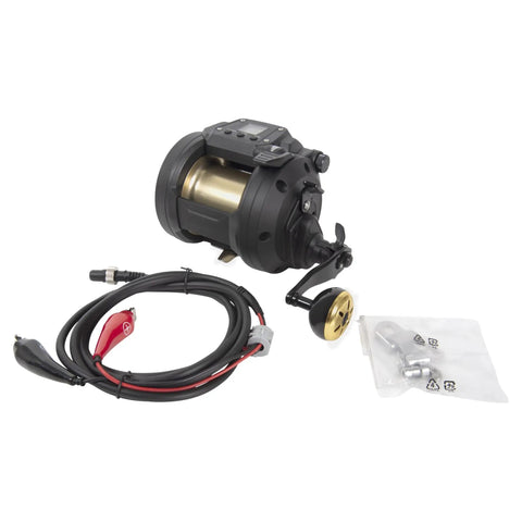 Tanacom 800 Power Assist Electric Reel With Lightweight Aluminum Body, Automatic Tournament Drag, cable, and accessories shown.
