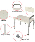 Tub Transfer Bench With Backrest For Bathtub Height Adjustable Shower Chair showing armrest, drain holes, and non-slip pads.