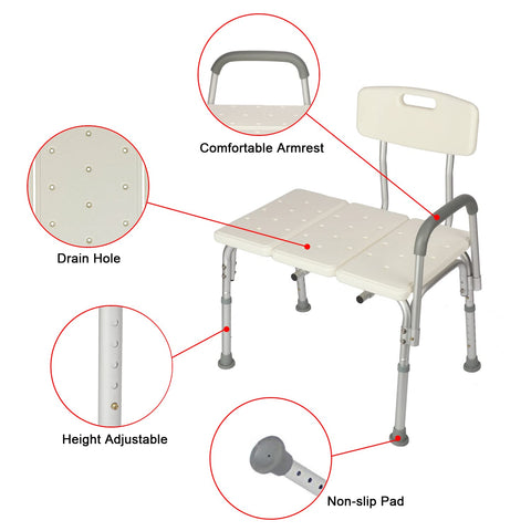 Tub Transfer Bench With Backrest For Bathtub Height Adjustable Shower Chair showing armrest, drain holes, and non-slip pads.
