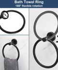 Self Adhesive Matte Black Bathroom Towel Ring with 180-degree rotation, part of the 6 Piece Bath Accessory Kit.