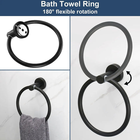 Self Adhesive Matte Black Bathroom Towel Ring with 180-degree rotation, part of the 6 Piece Bath Accessory Kit.