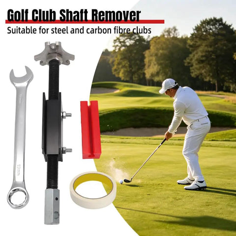 Three Size Adjustable Golf Shaft Puller And Club Shaft Extractor with accessories, golfer on golf course