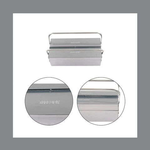 18 Inch Stainless Steel Portable Toolbox With Folding Cantilever Frame And Three Smooth Glide Trays top view with handle