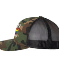 Side view of Not Gay But 20 Is 20 Funny Yet Bold Cool Hats For Men And Women Unisex Golf Trucker Cap, camo mesh fabric with air holes.