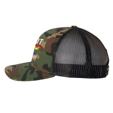 Side view of Not Gay But 20 Is 20 Funny Yet Bold Cool Hats For Men And Women Unisex Golf Trucker Cap, camo mesh fabric with air holes.