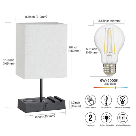 Diagram of Wireless Charging Bedside Lamps Set of 2 with USB A and C ports, phone stand, 10-inch lamp shade, and included 6W LED bulb.