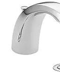 Chateau Two-Handle Low Arc 8-Inch Widespread Bathroom Faucet In Chrome with clear handles, brass construction