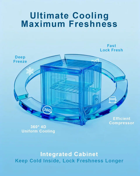 Bad Boy 1.1 Cubic Foot Mini Freezer Black Upright Compact Cold Storage Appliance Built For Dorms And Small Kitchens Featuring Real Deal Adjustable Shelving To Hold Your Favorite Frozen Stash with blue graphics and cooling features.