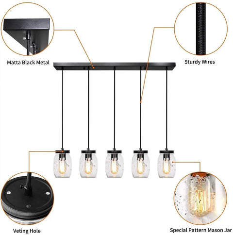Five Light Glass Mason Jar Pendant Lights Farmhouse Kitchen Island Dining Room, Rustic Adjustable Height Jar Ceiling with sturdy wires