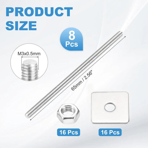 Badass M3 Full Threaded Rods M3x65mm Metric Fasteners 8 Pack showing 65mm threaded rod, nuts, and plates for DIY projects.