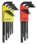 Ball End Balldriver L Wrench Dual Pack Set With 1.5-10mm And 0.050 To Three Eighths Inch Sizes Angled Reach For Screws You Cannot Reach Straight Ultra Precise Machining For Tiny Fasteners Ideal For Precision DIY Projects, showing yellow and red holders