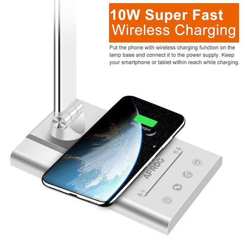 Dope All In One LED Desk Lamp with 15W Fast Wireless Charging and USB Port showing smartphone charging at base