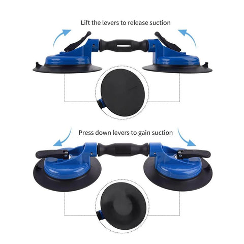 Heavy Duty Vacuum Suction Cup Lifter 330lb Lift For Glass Stone And Appliances with swivel pads and ergonomic grip shown