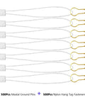 Top Shelf Hang Tag Fasteners With White Nylon String Ties And Gold Metal Security Safety Pins Bulk Kit for retail display.