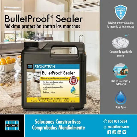 Bulletproof Stone Sealer 1 Gallon Water Based Formula protects surfaces from oil and water stains while preserving natural appearance.