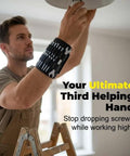Adjustable Magnetic Wristband For Screws Nails And Small Tools Perfect For Mechanics Handymen And DIYers Keeps Tiny Parts Secure On Your Wrist For Quick Access And Faster Builds With Pro Grade Convenience. man wearing black magnetic wristband while fixing ceiling light