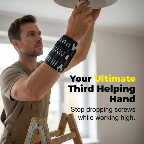 Adjustable Magnetic Wristband For Screws Nails And Small Tools Perfect For Mechanics Handymen And DIYers Keeps Tiny Parts Secure On Your Wrist For Quick Access And Faster Builds With Pro Grade Convenience. man wearing black magnetic wristband while fixing ceiling light