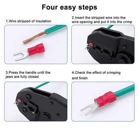 Insulated Fork Spade Terminal Connectors For 22 To 16 AWG Wires 0.5 To 1.5 Mm2 4.3 Mm Hole step-by-step crimping guide