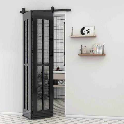 Heavy Duty Bi Folding Sliding Barn Door Hardware Kit For Two Doors 3 Foot Track 36 Inch Frosted Black Carbon Steel Rust Resistant