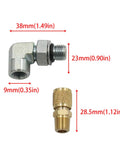 Side view of 2-piece silver Ford Powerstroke fuel pressure tester adapter set with male thread; 38mm long, 23mm tall.