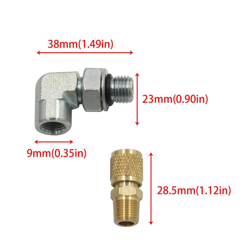 Side view of 2-piece silver Ford Powerstroke fuel pressure tester adapter set with male thread; 38mm long, 23mm tall.