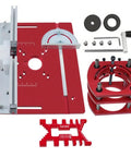 Adjustable Inverted Base Milling Table For Woodworking Planer And Trimmer Combo with red components and measuring tools.