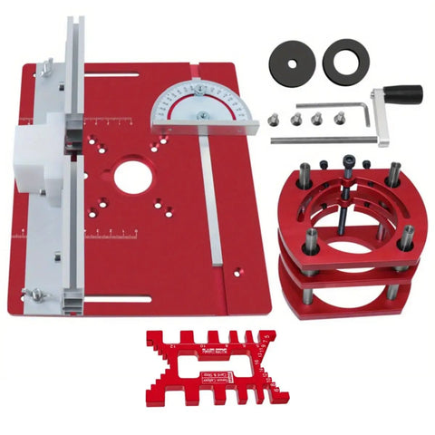 Adjustable Inverted Base Milling Table For Woodworking Planer And Trimmer Combo with red components and measuring tools.