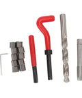 Premium M10 X 1.25 Thread Repair Kit With Steel Inserts And Tools For Automotive And General Repairs, Easy To Use, Versatile And Durable Red, Great For On The Spot Fixes And Pro Level Maintenance. steel inserts, tap, drill, and install tools on white background