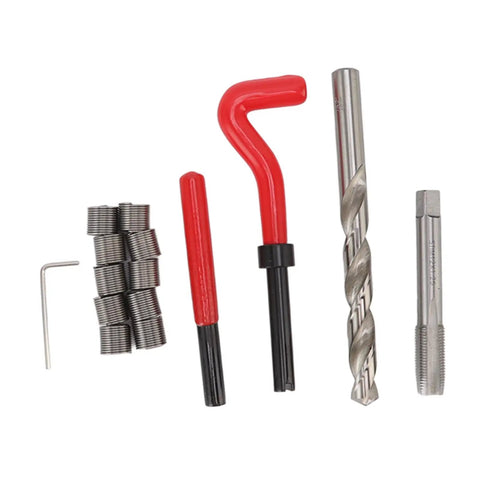 Premium M10 X 1.25 Thread Repair Kit With Steel Inserts And Tools For Automotive And General Repairs, Easy To Use, Versatile And Durable Red, Great For On The Spot Fixes And Pro Level Maintenance. steel inserts, tap, drill, and install tools on white background