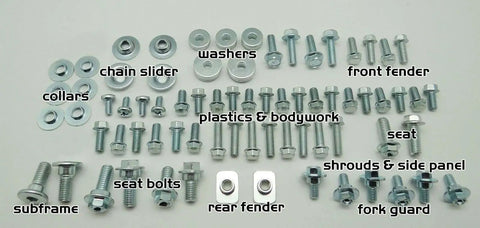 87Pcs Body Bolt Kit for KX and KXF Plastics, Seat, Fenders, Shrouds, and Number Plates Fasteners displayed in organized rows.