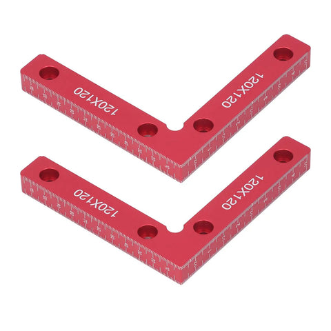 Sturdy Right Angle Clamps 2 Pack Aluminum Alloy Positioning Tools For Woodworking And Crafts To Make Perfect Square Corners Every Time With Clear Red Measurement Scale For Pros Who Need Reliable Balance And Precision On The Job Site Now. Two red aluminum alloy clamps with measurement markings.