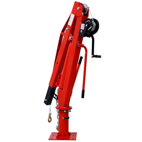 Bedside Warrior 2000 Lb Hydraulic Truck Crane With Manual Hand Winch, red arm and pulley for easy loading tasks.
