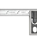 Close-up of Inch Reading Double Square With Satin Chrome Finish And Hardened Blade Four Inch Blade 32nds To 64ths Graduations Adjustable Precision Tool