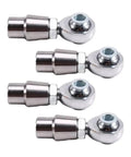 Four Piece 5/8 Inch 18 Thread Heim Joint Rod End Kit With Heavy Duty Spacers Built For Tight Steering Linkage Swaps And Hardcore Machinery Mods Featuring Beefy Angular Motion Control And Grease Monkey Approved Quick Install Setup, showing rod ends from the side.
