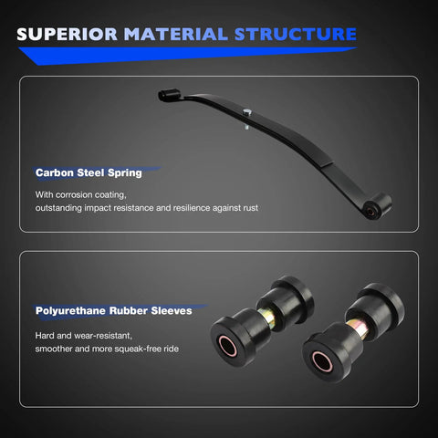 Heavy Duty Front Twin Leaf Springs For Golf Cart Suspension Upgrade With Massive Cargo Capacity And Tough Corrosion Resistant Steel Build For A Super Smooth Ride And Slick Neighborhood Cruising, showing carbon steel spring and polyurethane sleeves.
