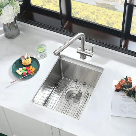 Undermount Bar Sink Workstation 15x19 Inch with Wood Cutting Board 16 Gauge Stainless Steel Single Bowl Deep Wet Bar Sink Installed
