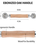 Double End Box Scoring Tool With Dual Rollers for Cardboard and Metal Sheets, ergonomic ebonized oak handle, product dimensions displayed