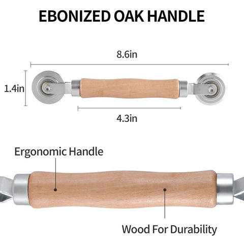 Double End Box Scoring Tool With Dual Rollers for Cardboard and Metal Sheets, ergonomic ebonized oak handle, product dimensions displayed