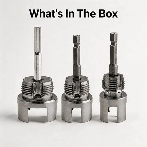 DGQ Heavy Duty Pipe Threading Tool Set With Three Piece Integrated Internal And External Thread Cutter Kit showing three metal cutters.