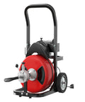 No Sweat Auto Feed Drain Auger One Hundred Foot Electric Sewer Snake with steel core cable and heavy duty bits on stand.