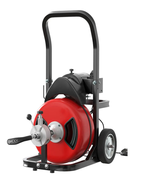 Rugged Auto Feed Drain Auger 75 Ft 3/8 Inch Steel Core Cable Electric Sewer Snake with handle and wheels for easy transport.