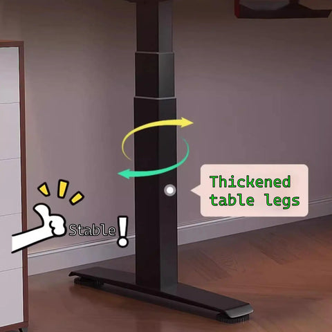 Top Notch Adjustable Standing Desk With Roomy Hidden Storage Drawers And No Sweat Preset Height Adjustments Featuring Built In Headphone Hook And Clean Natural Wood Finish For Solid Home Office Workstations, thickened black table legs for stability.
