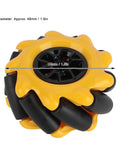 Mecanum wheel, 48mm diameter, yellow housing with black rollers for TT geared motor robot car (front view)