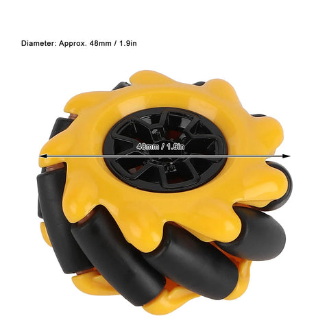 Close-up of 48mm Mecanum wheel with yellow outer shell and black rollers for DIY TT geared motor