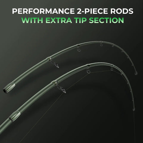 Spartacus II Spinning Fishing Rod And Reel Combo, twin-tip design, showing performance 2-piece rods with extra tip section.