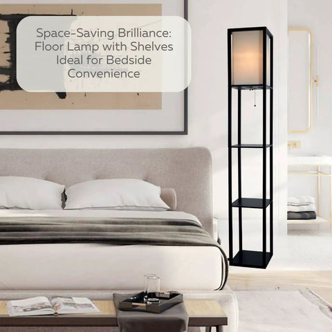 Corner Floor Lamp With Shelves For Living Room And Bedroom Cozy Bookshelf Lamp With Wooden Shelves And White Cotton Linen Shade Black Finish Perfect For Small Corners And Tight Spaces In Any Room next to a bed.