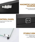 Close-up of features for 4 Tier Glass Display Cabinet With Pop Up Doors And Motion Sensor, showing hinge, magnetic catch, and control panel.