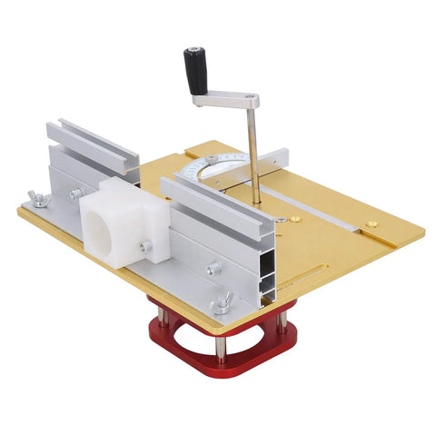 Slick Manual Lift Router System Kit Machined From Tough Aluminum Alloy Along With Four Heavy Duty Mounting Holes Built For Quick Router Tables And Spot On Precision Cuts Any Day, showing hand crank and adjustable features.